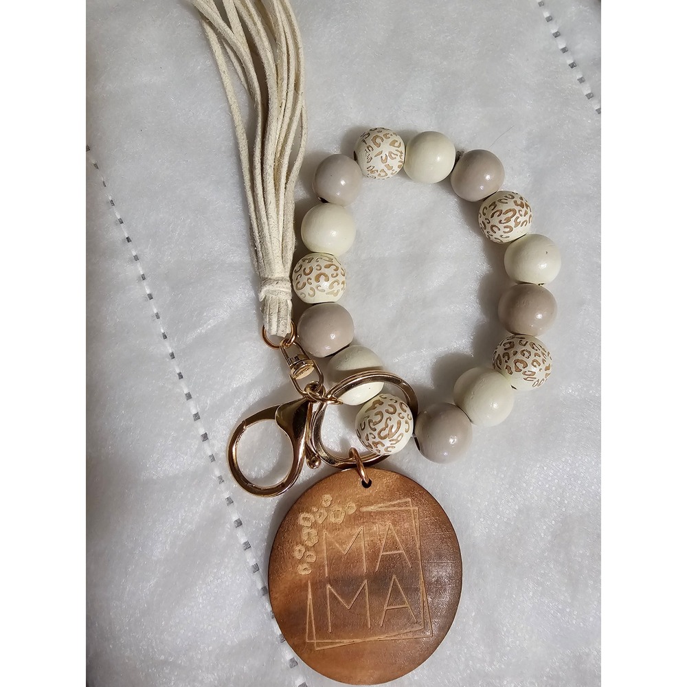 Mama‎ Wristlet Keychain Bracelet Wood Charm Beads Tassel Key Ring